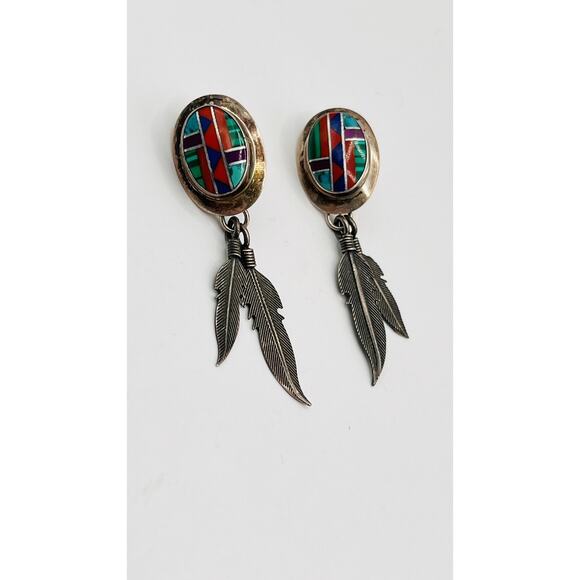 Vintage Navajo Southwest Sterling Silver Turquoise Dangle Drop Feather Earrings - Picture 1 of 7